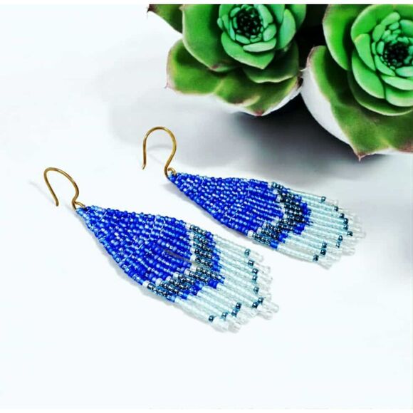 Blue Beaded Fringe Cascade Dangle Earrings, Seed Bead, Boho Chic Statement 4" - Picture 1 of 7